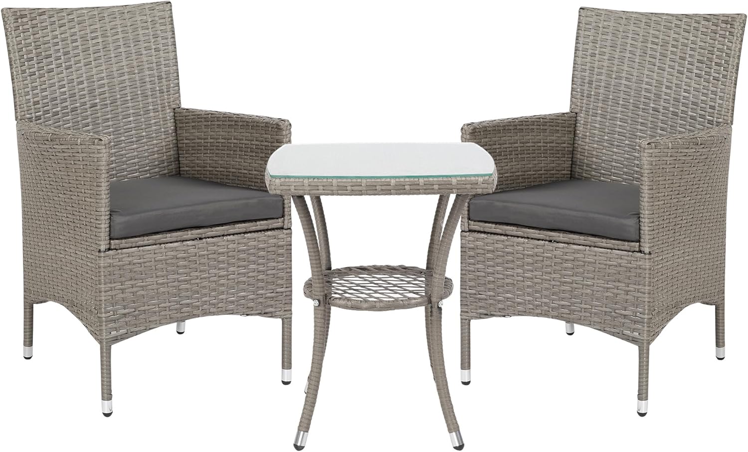 Outsunny 3 Pieces Rattan Bistro Set, Wicker Garden Furniture Set with 2-Tier Coffee Table and Chairs, Washable Cushions, for Outdoor Patio Balcony, Grey