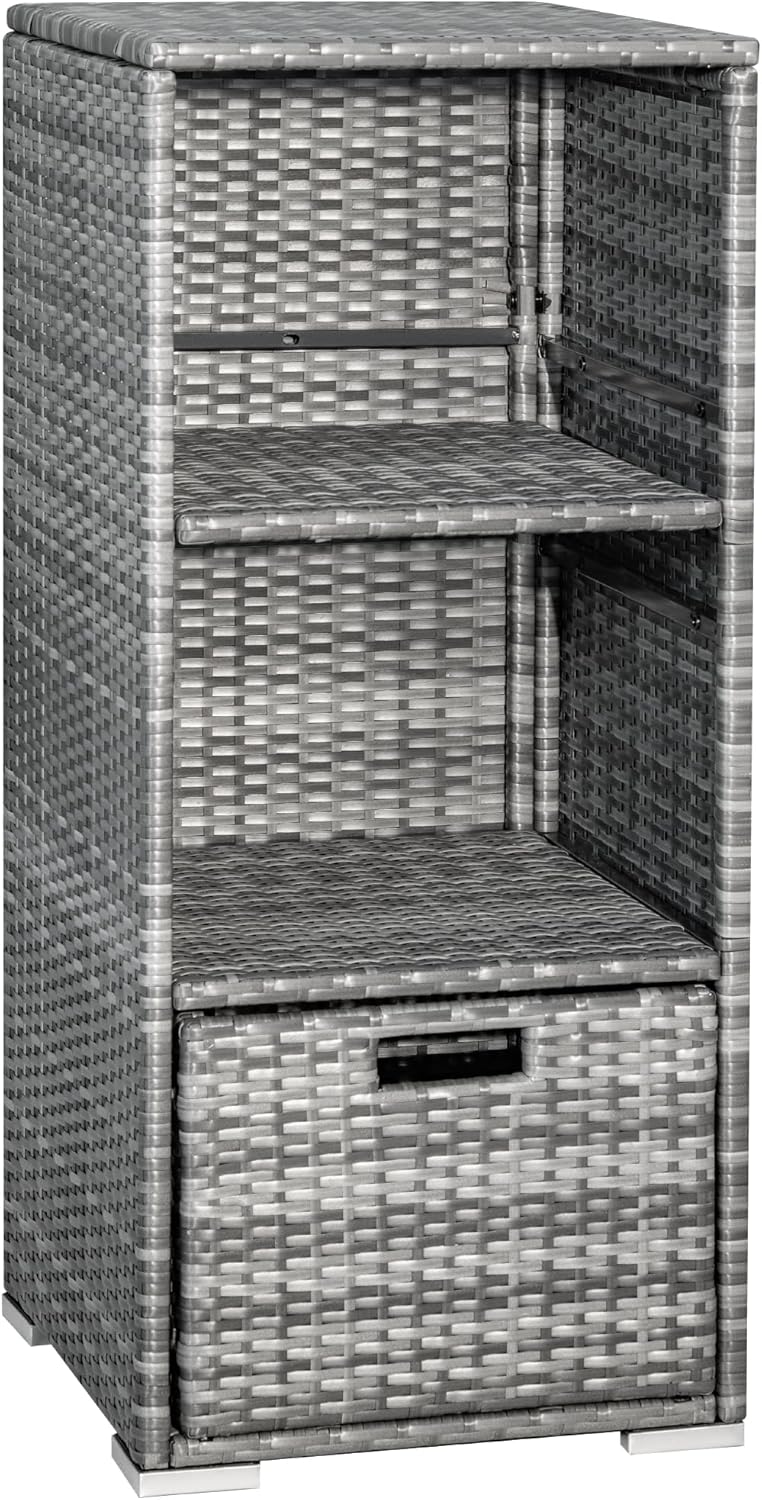 Greesum Rattan Storage Shed, Outdoor Towel Rack with 2 Storage Shelves & 1 Bottom Drawer, Suitable for Pool Patio Garden Deck, Grey
