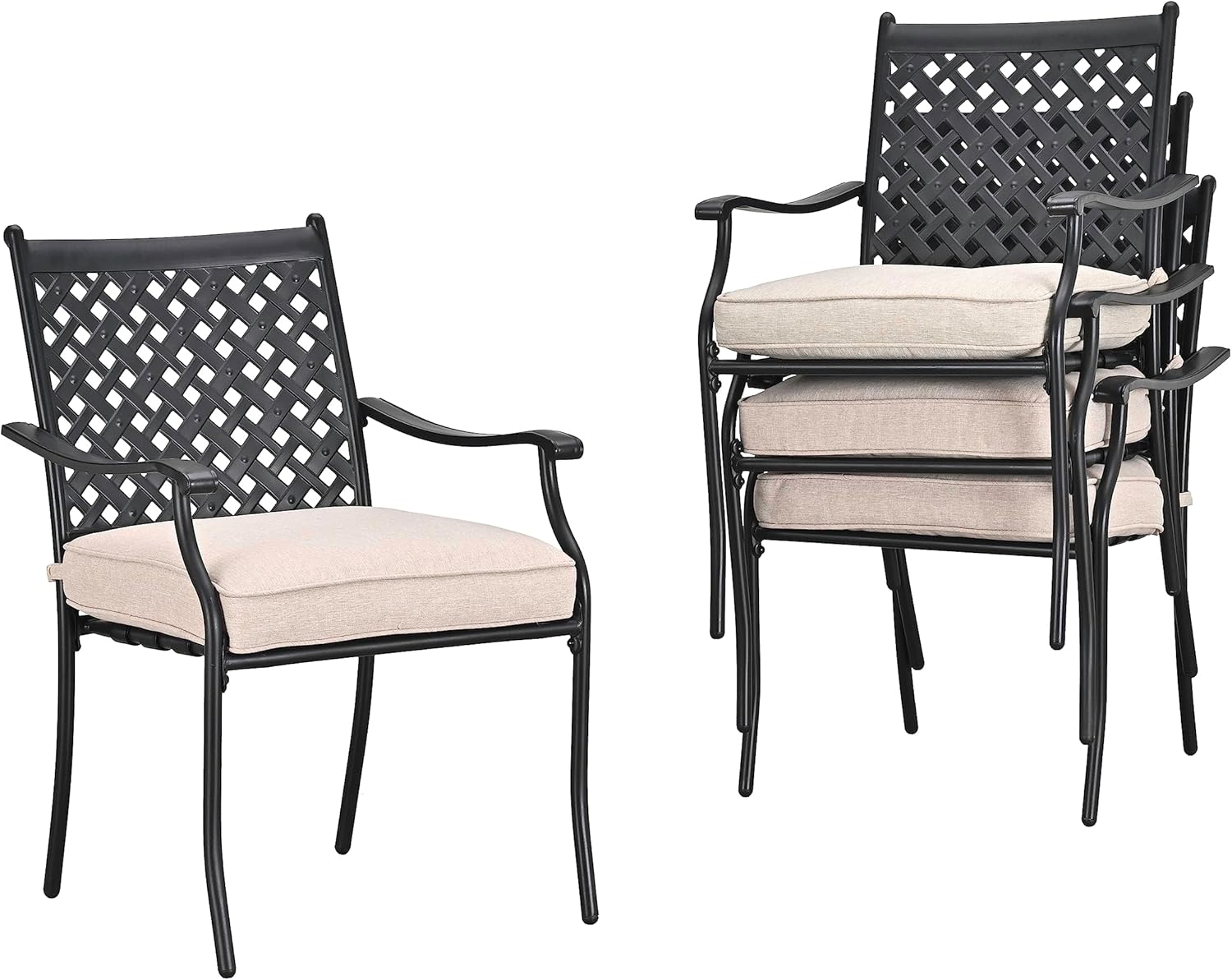 LOKATSE HOME 4 Piece Outdoor Patio Metal Wrought Iron Dining Chair Set with Arms and Seat Cushions - White