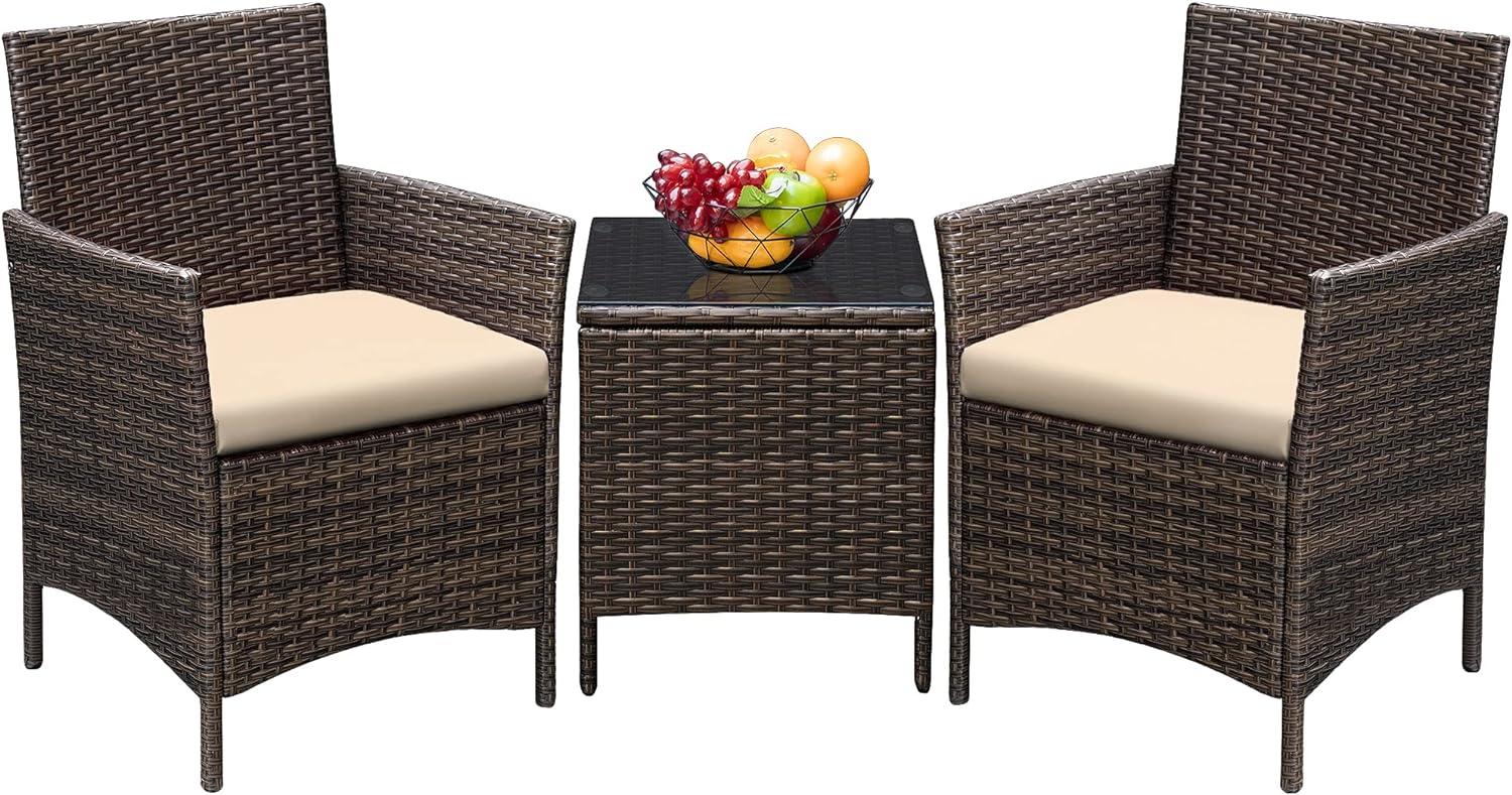Greesum GS-3RCS8BG 3 Pieces Outdoor Patio Furniture Sets, Brown and Beige