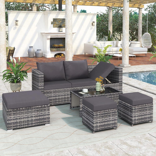 6 Seater Rattan Sofa Set, Garden Furniture, Glass Top Coffee Table Mat with Washable Seat Cushion