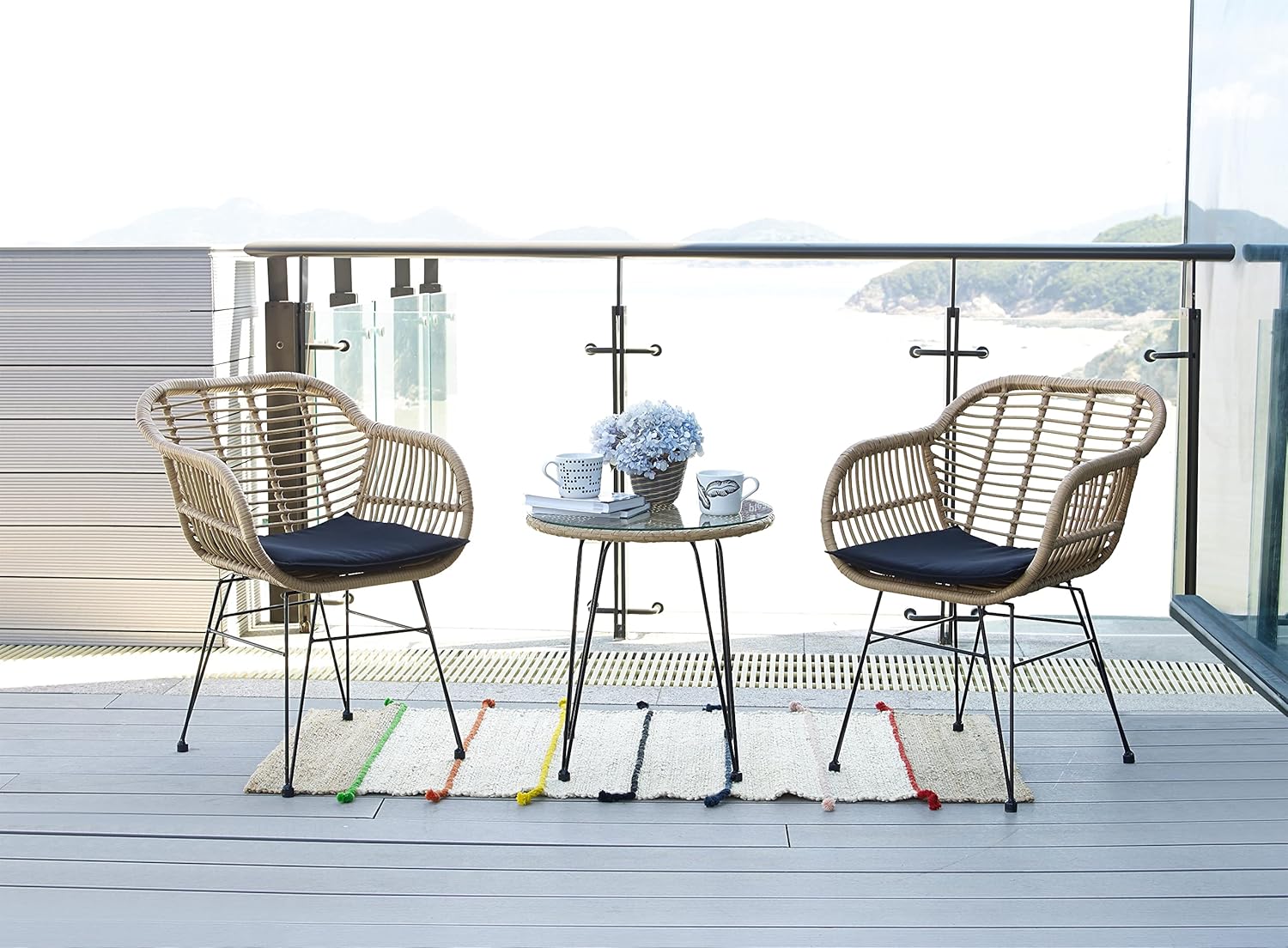 Lima 3-Piece Natural PE Rattan Outdoor Set with 2 Single Chairs with Cushions and Side Table with Glass Top, Jet Black Removable Cushions Cover