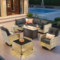 Outdoor Sectional Patio Furniture Set with Fire Pit Table,9 Pieces Rattan Wicker Conversation Sets L Shaped Couch,Outside Furniture with Swivel Chairs Glowing Coffee Table,Black