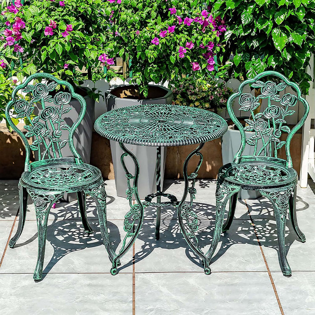 3-Piece Outdoor Bistro Set with Rose Carving Design - Rust-Resistant Cast Aluminum Patio Table and Chairs Furniture Sets with Umbrella Hole - Antique Finish